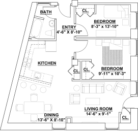 Two Bedroom One Bath B0 1815 Sq.Ft. Floor plan at The Regent, Brookline
